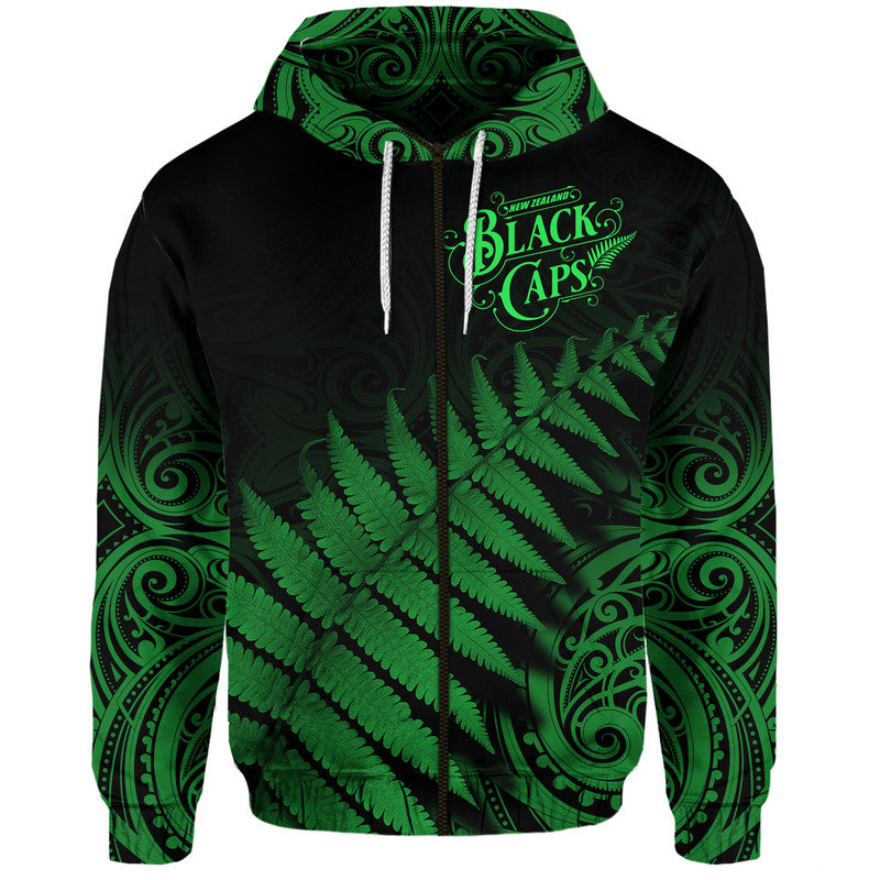 (Custom Personalised) New Zealand Kiwis Cricket Team Zip Up And Pullover Hoodie Black Caps Silver Fern Mixed Maori Pattern Version Green LT9 - Vibe Hoodie Shop