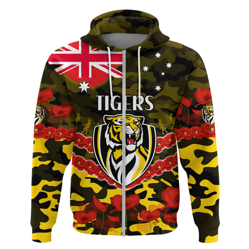 (Custom Personalised) Richmond Tigers Football ANZAC Zip Up And Pullover Hoodie Lest We Forget LT9 - Vibe Hoodie Shop
