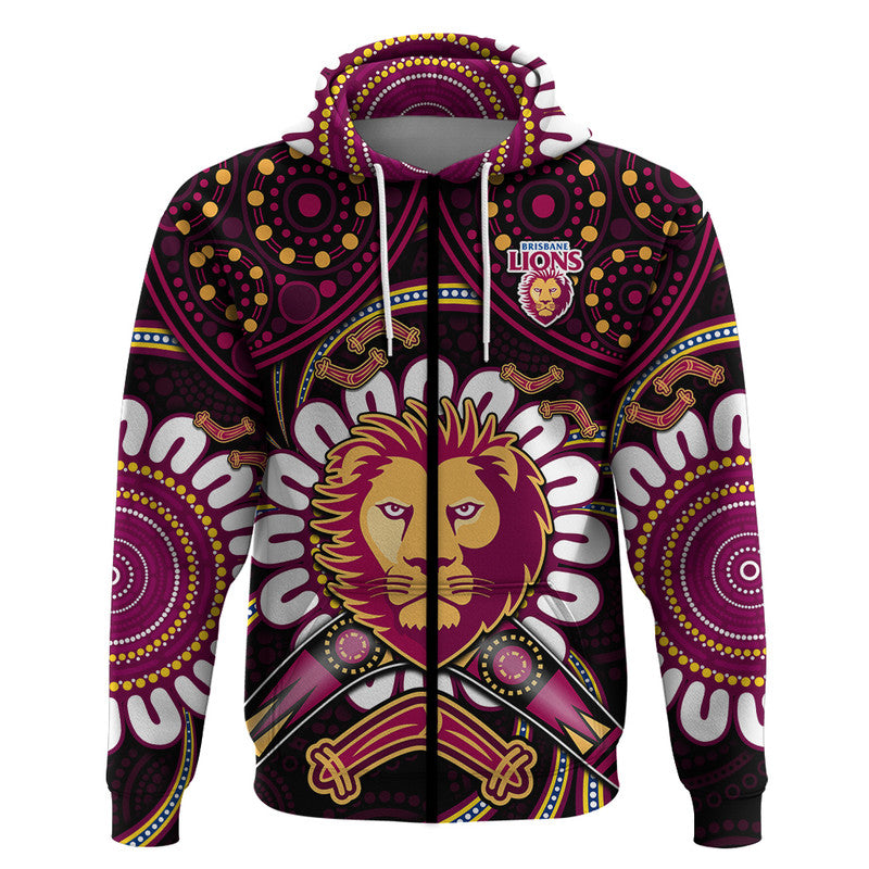 Brisbane Lions Football Zip Up And Pullover Hoodie Boomerang Indigenous Dots LT9 - Vibe Hoodie Shop