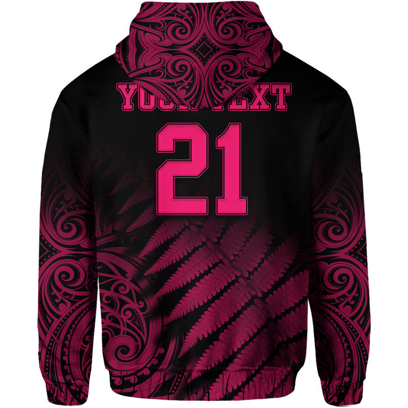 (Custom Personalised) New Zealand Kiwis Cricket Team Zip Up And Pullover Hoodie Black Caps Silver Fern Mixed Maori Pattern Version Pink LT9 - Vibe Hoodie Shop