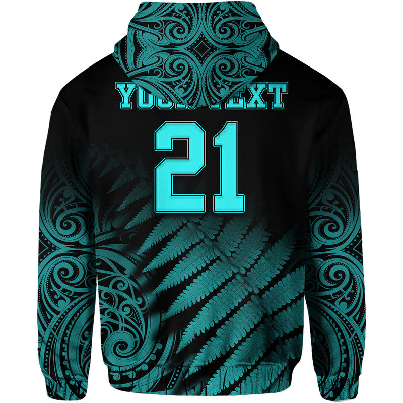 (Custom Personalised) New Zealand Kiwis Cricket Team Zip Up And Pullover Hoodie Black Caps Silver Fern Mixed Maori Pattern Version Turquoise LT9 - Vibe Hoodie Shop