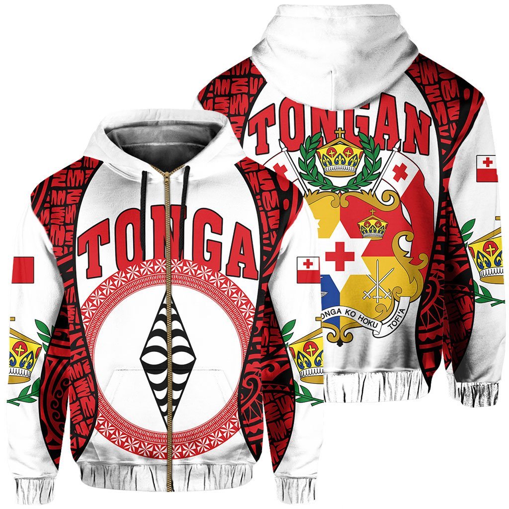 Zip Up Hoodie Tonga - Polynesia Lauhala Tokelau Feletoa Coat Of Arms - Gel Style - White - Vibe Hoodie Shop