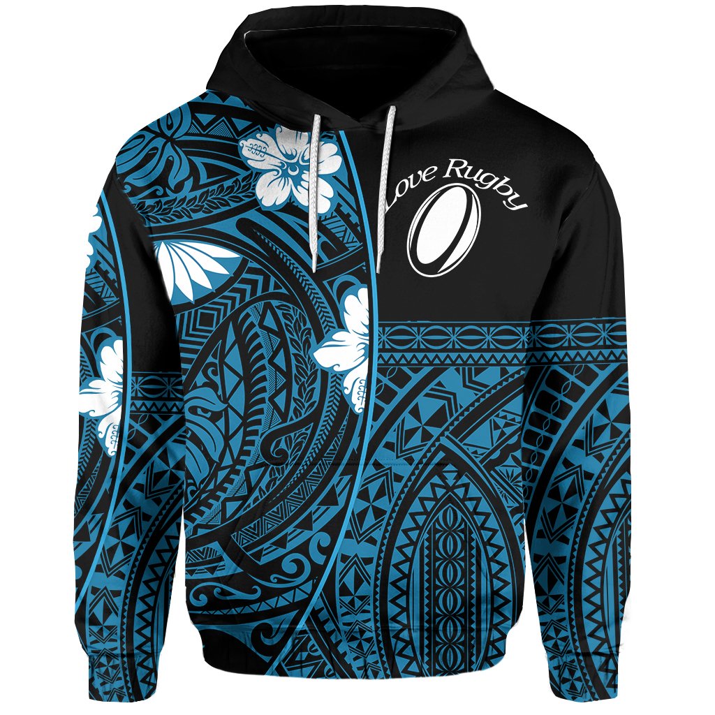 (Custom Personalised) Polynesian Rugby Hoodie Love Blue - Custom Text and Number - Vibe Hoodie Shop