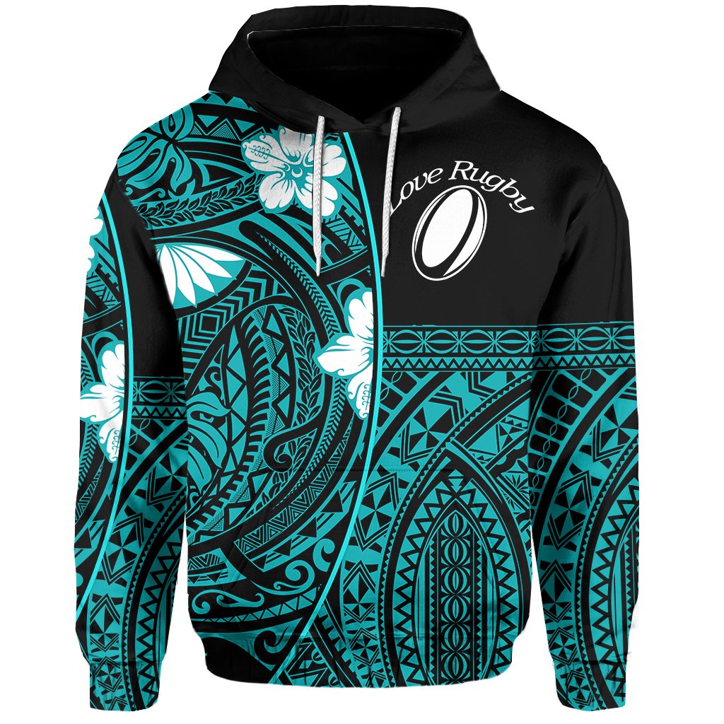 (Custom Personalised) Polynesian Rugby Hoodie Love Turquoise - Custom Text and Number - Vibe Hoodie Shop