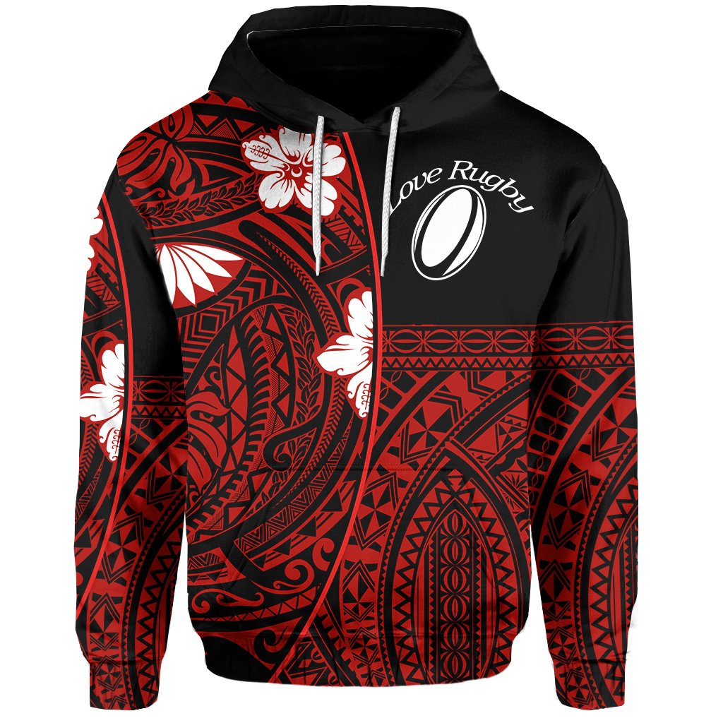 (Custom Personalised) Polynesian Rugby Hoodie Love Red - Custom Text and Number - Vibe Hoodie Shop