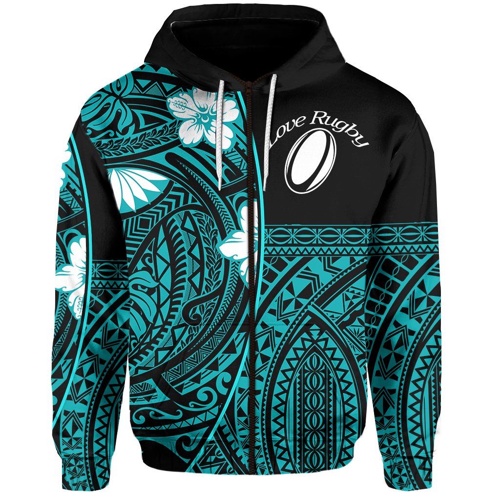 (Custom Personalised) Polynesian Rugby Zip Hoodie Love Turquoise - Custom Text and Number - Vibe Hoodie Shop