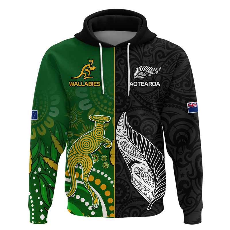 Aotearoa Rugby All Black Combine Australia Wallabies Zip Up And Pullover Hoodie Aboriginal Kangaroo And Maori Fern LT9 - Vibe Hoodie Shop