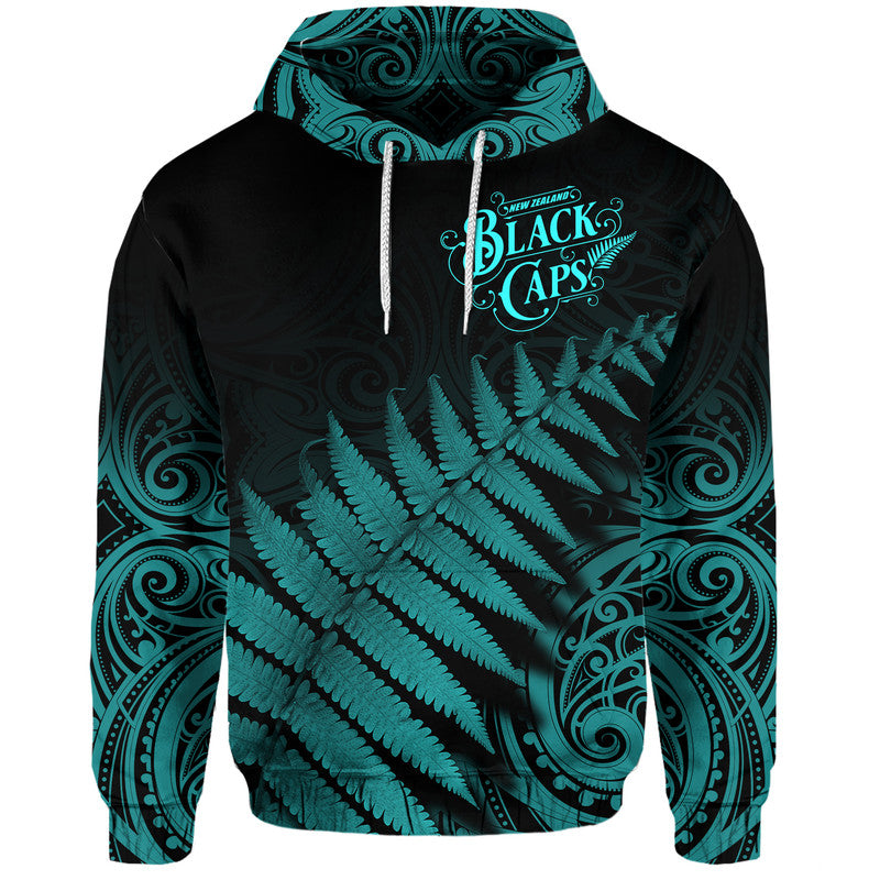 (Custom Personalised) New Zealand Kiwis Cricket Team Zip Up And Pullover Hoodie Black Caps Silver Fern Mixed Maori Pattern Version Turquoise LT9 - Vibe Hoodie Shop