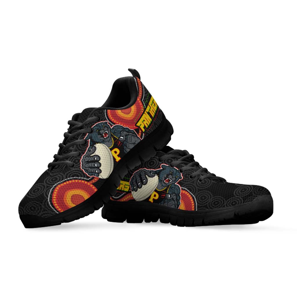 Panthers Rugby Sneakers - Panthers Aboriginal with Rugby Ball Indigenous Style of Dot Painting Traditional Sneakers - Vibe Hoodie Shop