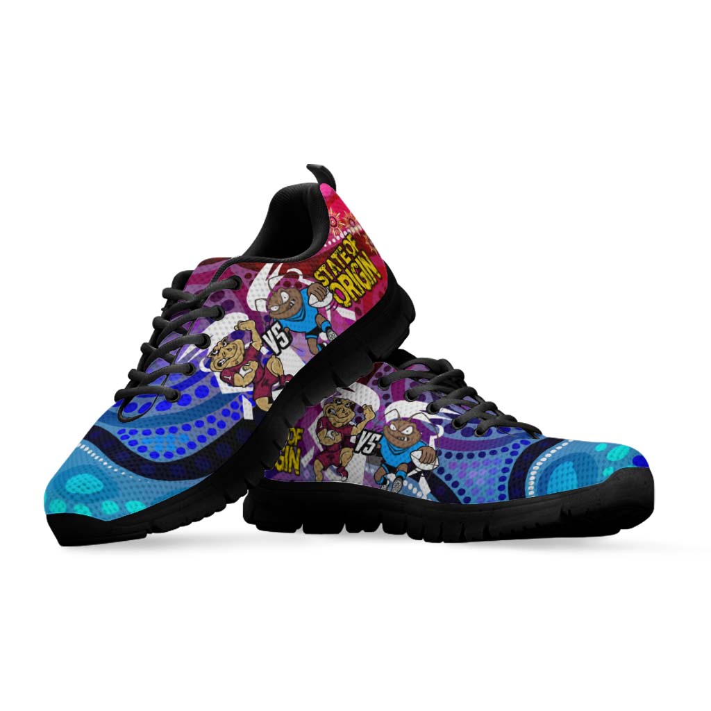 State Of Origin Rugby League Sneakers - NSW vs QLD Rugby Team Mascot with Aboriginal Culture Sneakers - Vibe Hoodie Shop