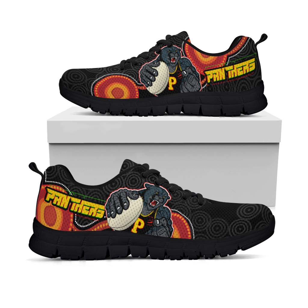 Panthers Rugby Sneakers - Panthers Aboriginal with Rugby Ball Indigenous Style of Dot Painting Traditional Sneakers - Vibe Hoodie Shop