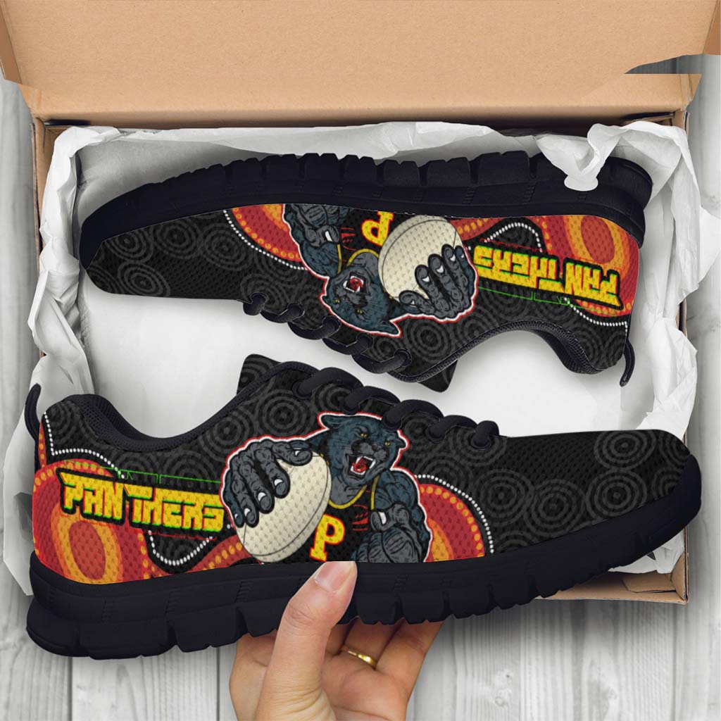 Panthers Rugby Sneakers - Panthers Aboriginal with Rugby Ball Indigenous Style of Dot Painting Traditional Sneakers - Vibe Hoodie Shop