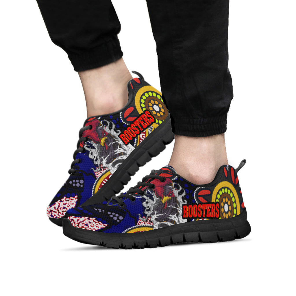 Rooster Rugby Sneakers - Angry Rooster Rugby with Aboriginal Indigenous Dot Painting Style Sneakers - Vibe Hoodie Shop