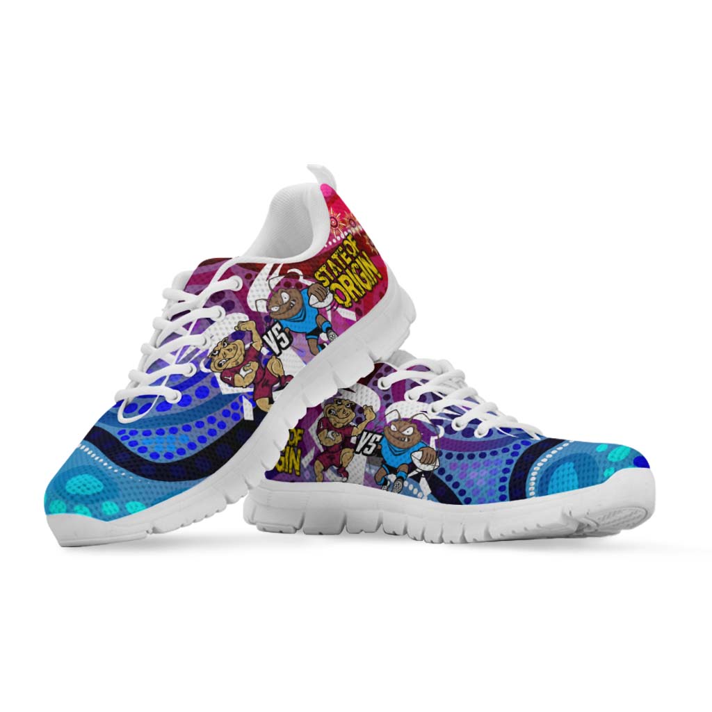 State Of Origin Rugby League Sneakers - NSW vs QLD Rugby Team Mascot with Aboriginal Culture Sneakers - Vibe Hoodie Shop