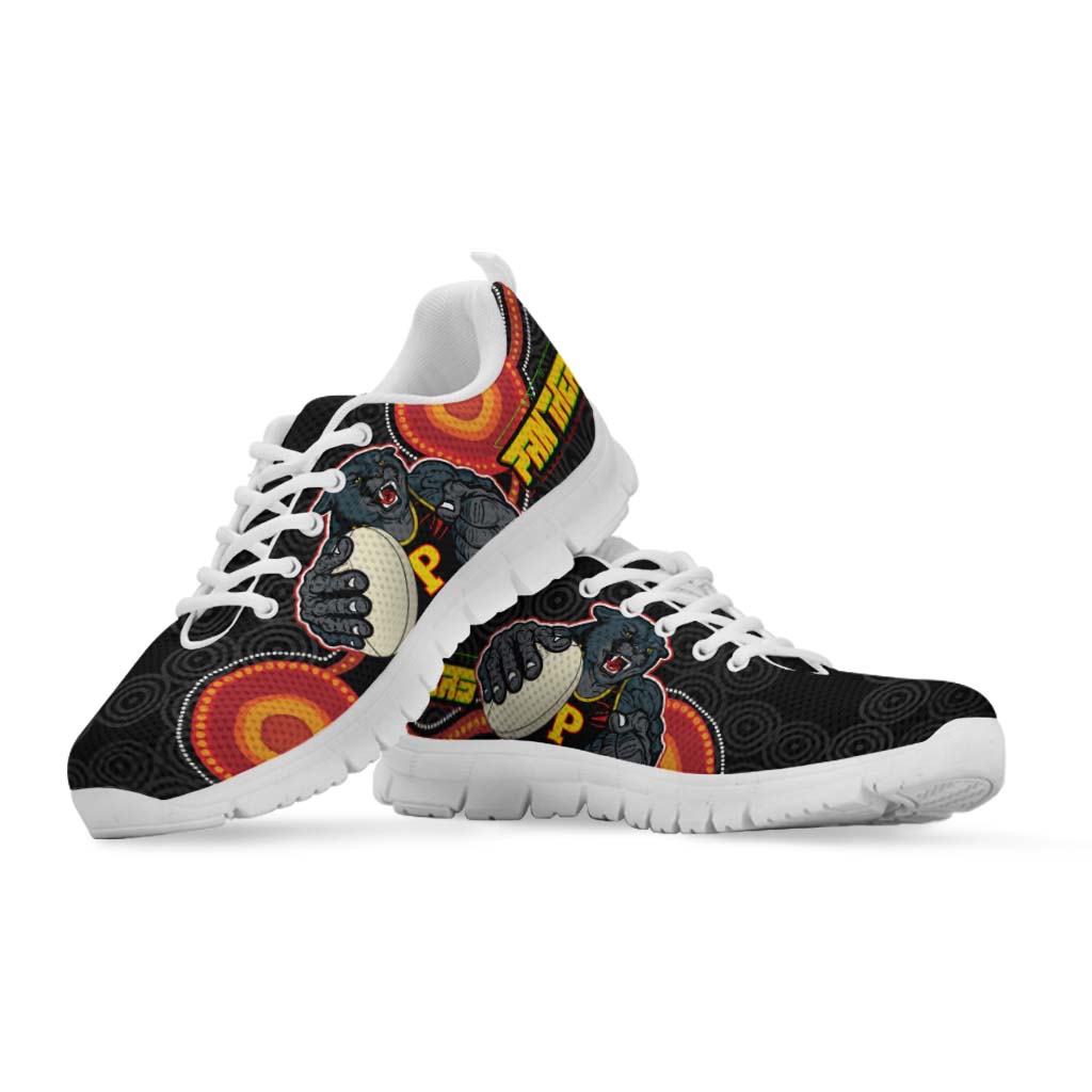 Panthers Rugby Sneakers - Panthers Aboriginal with Rugby Ball Indigenous Style of Dot Painting Traditional Sneakers - Vibe Hoodie Shop