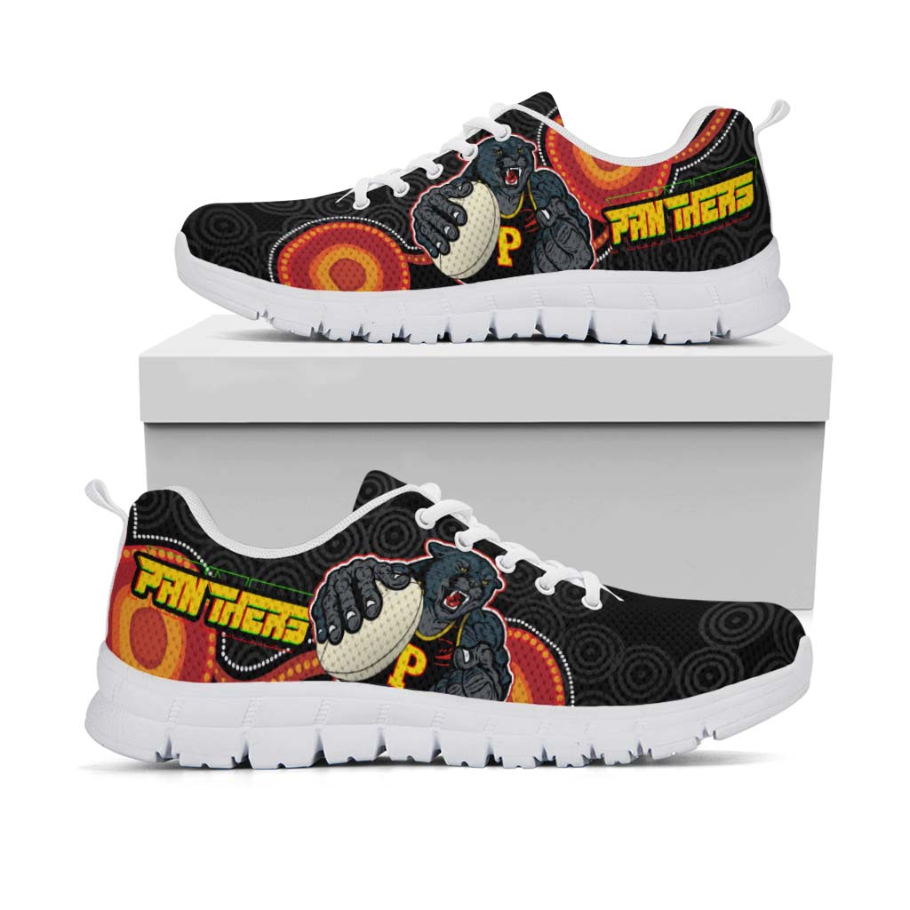 Panthers Rugby Sneakers - Panthers Aboriginal with Rugby Ball Indigenous Style of Dot Painting Traditional Sneakers - Vibe Hoodie Shop