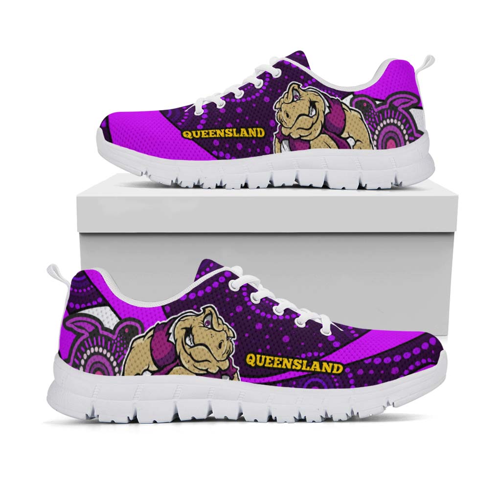 Queensland Rugby League Sneakers - Queensland Maroons Mascot With Aboriginal Art STATE OF ORIGIN Sneakers - Vibe Hoodie Shop