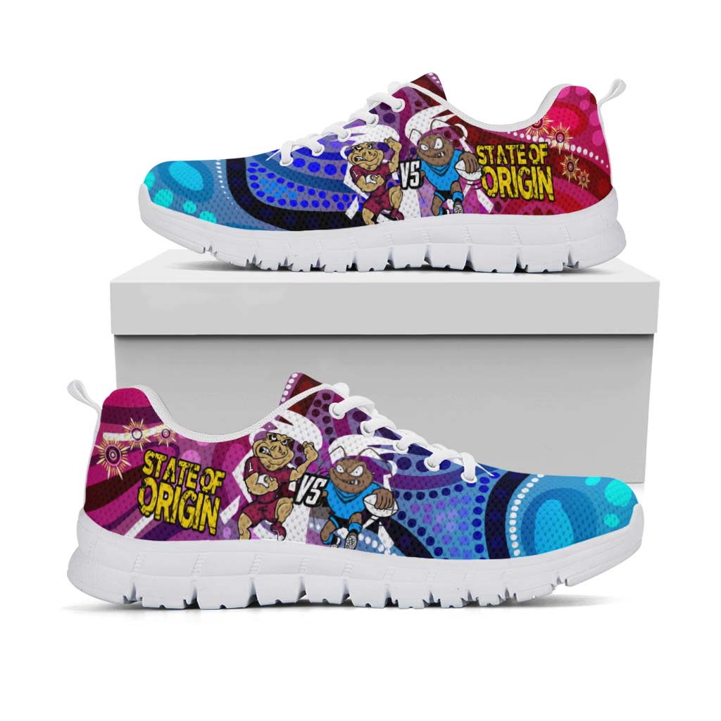 State Of Origin Rugby League Sneakers - NSW vs QLD Rugby Team Mascot with Aboriginal Culture Sneakers - Vibe Hoodie Shop