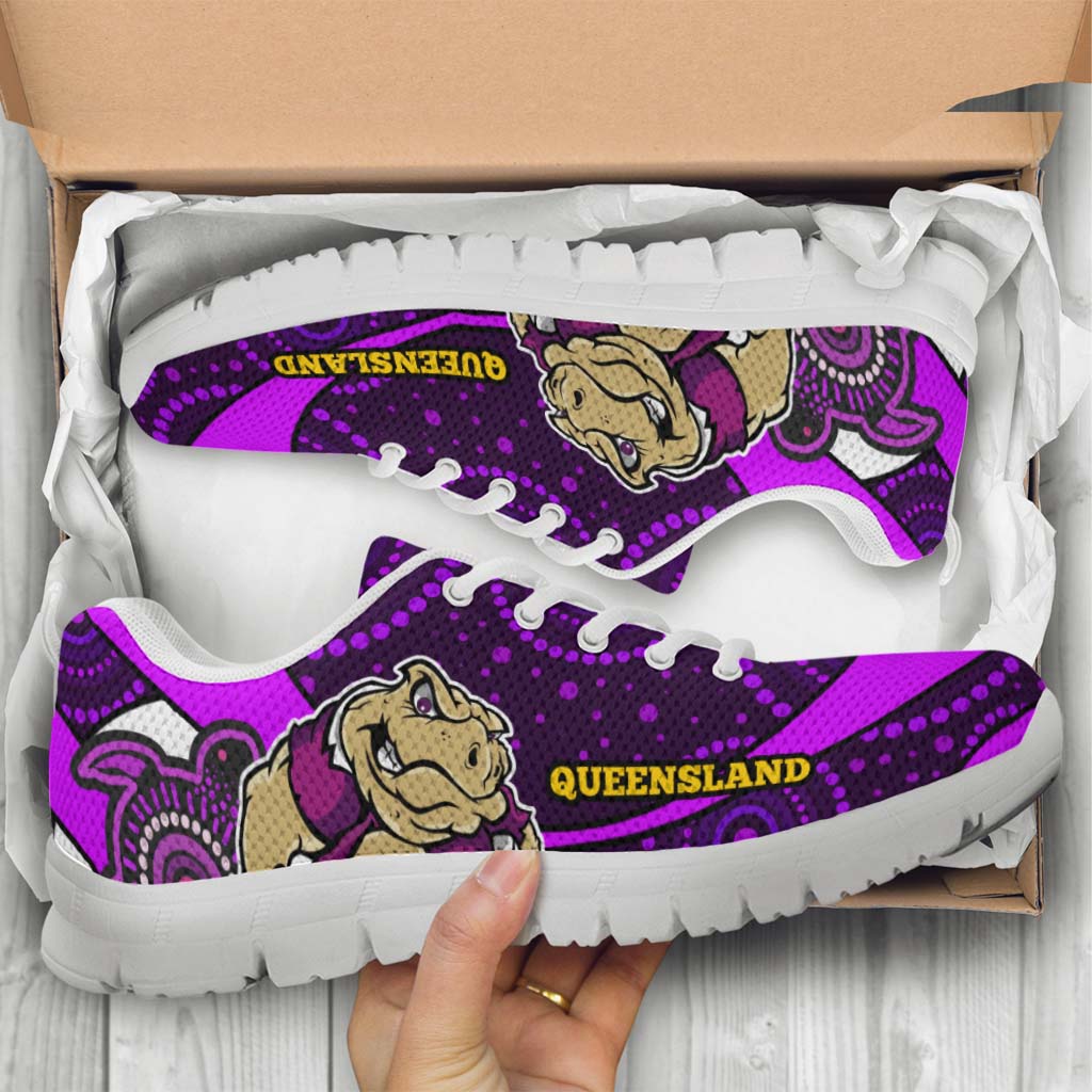 Queensland Rugby League Sneakers - Queensland Maroons Mascot With Aboriginal Art STATE OF ORIGIN Sneakers - Vibe Hoodie Shop