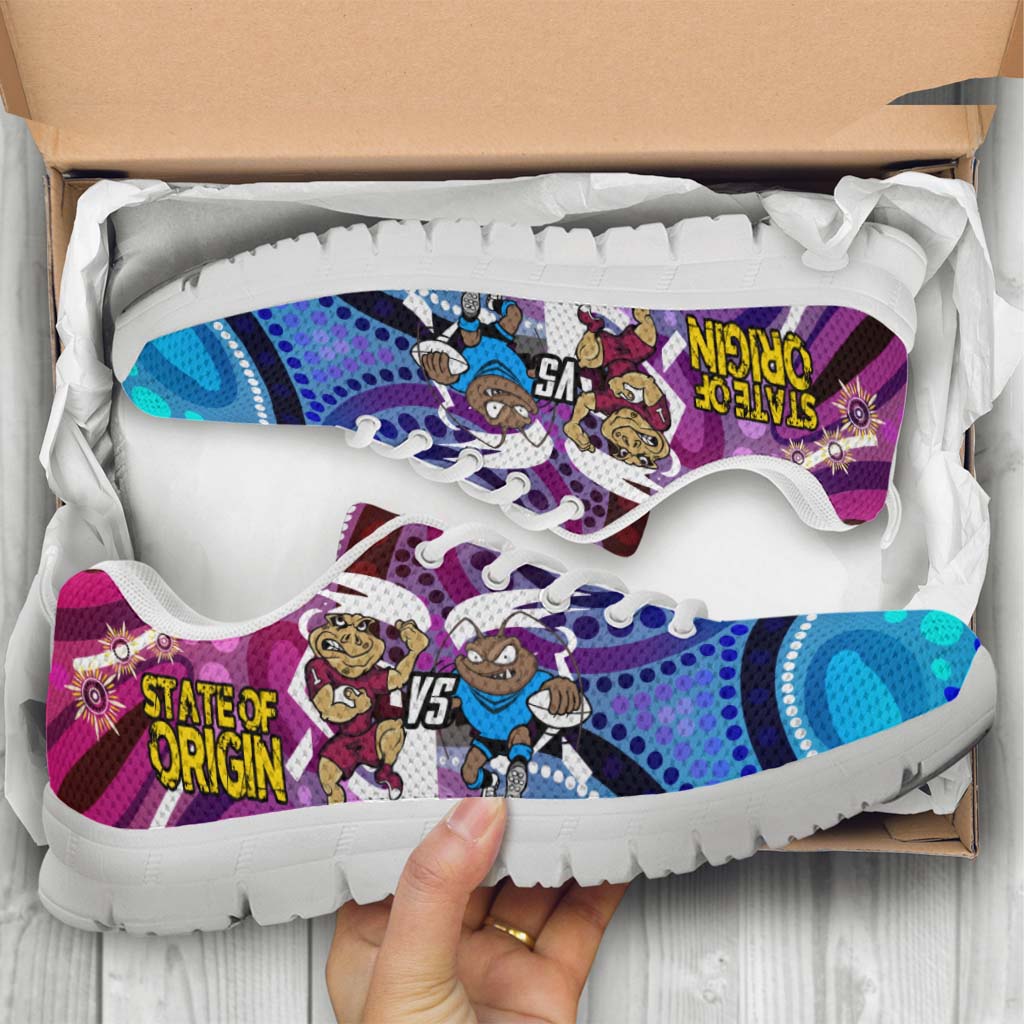 State Of Origin Rugby League Sneakers - NSW vs QLD Rugby Team Mascot with Aboriginal Culture Sneakers - Vibe Hoodie Shop