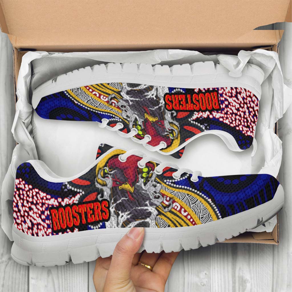 Rooster Rugby Sneakers - Angry Rooster Rugby with Aboriginal Indigenous Dot Painting Style Sneakers - Vibe Hoodie Shop