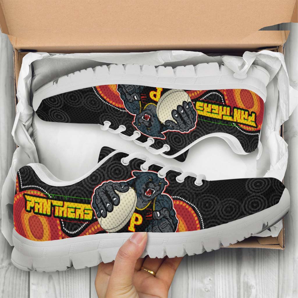 Panthers Rugby Sneakers - Panthers Aboriginal with Rugby Ball Indigenous Style of Dot Painting Traditional Sneakers - Vibe Hoodie Shop