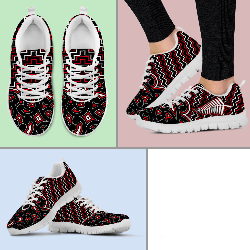 New Zealand Sneakers Maori Graphic Tee patterns Red - Vibe Hoodie Shop