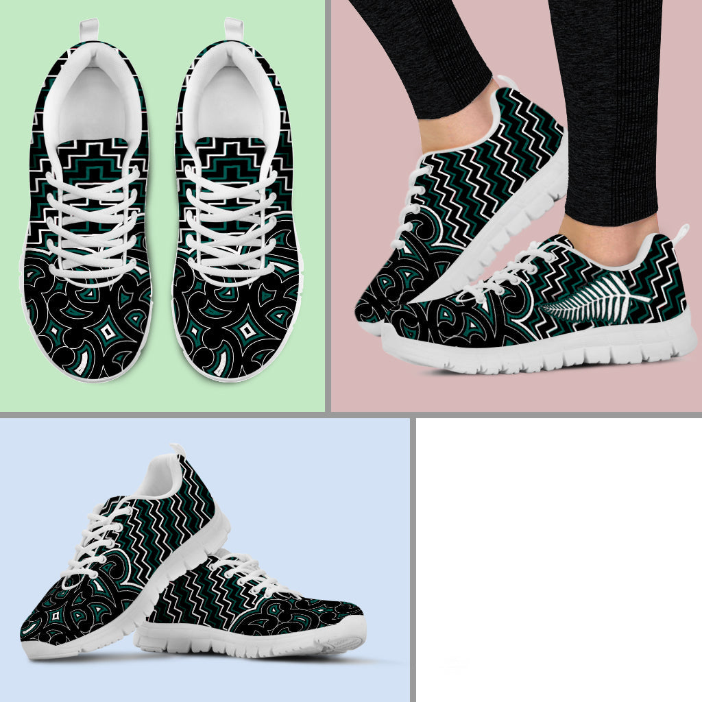 New Zealand Sneakers Maori Graphic Tee patterns Green - Vibe Hoodie Shop