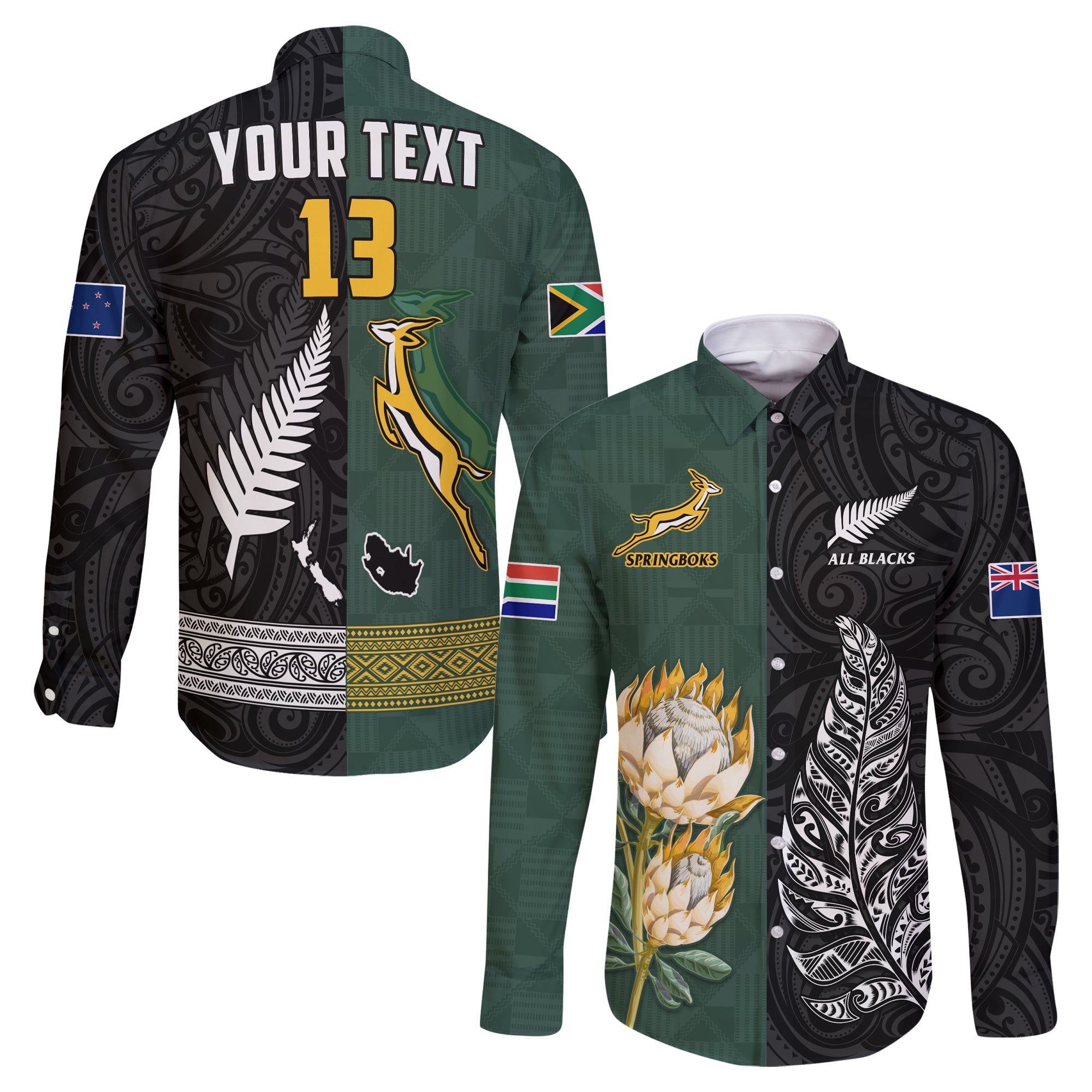 (Custom Text and Number) South Africa Protea and New Zealand Fern Long Sleeve Button Shirt Rugby Go Springboks vs All Black - Vibe Hoodie Shop