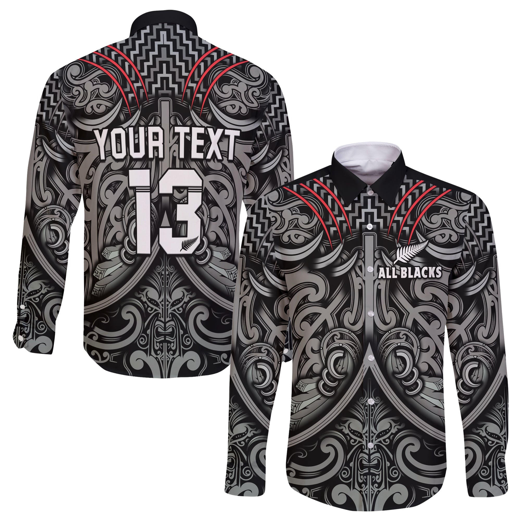 (Custom Text and Number) New Zealand Silver Fern Rugby Long Sleeve Button Shirt All Black NZ Maori Pattern - Vibe Hoodie Shop