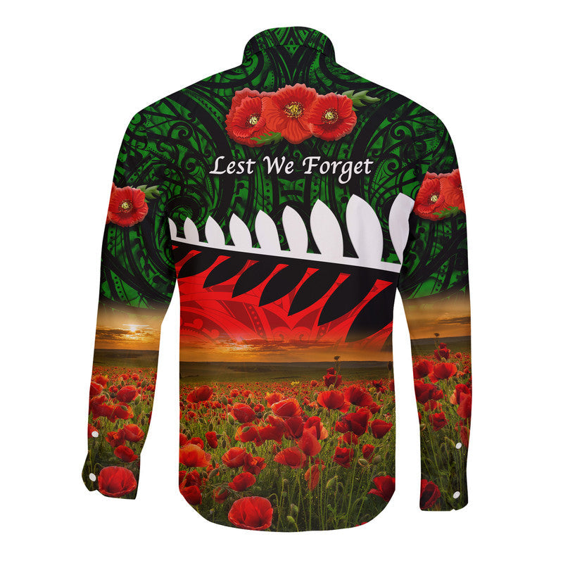 New Zealand Maori ANZAC Hawaii Long Sleeve Button Shirt Poppy Vibes - Green - Vibe Hoodie Shop