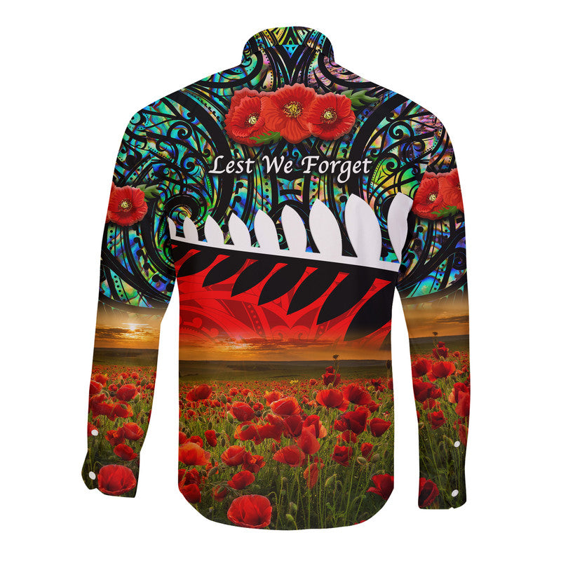 New Zealand Maori ANZAC Hawaii Long Sleeve Button Shirt Poppy Vibes - Paua Shell - Vibe Hoodie Shop