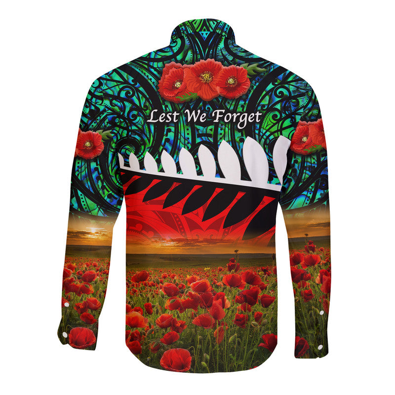 New Zealand Maori ANZAC Hawaii Long Sleeve Button Shirt Poppy Vibes - Turquoise - Vibe Hoodie Shop