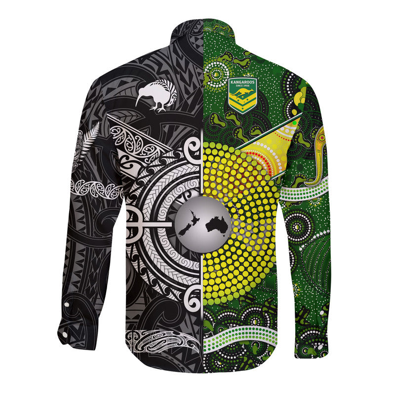 New Zealand Maori All Black And Australia Kangaroos Aboriginal Hawaii Long Sleeve Button Shirt Rugby Together - Vibe Hoodie Shop