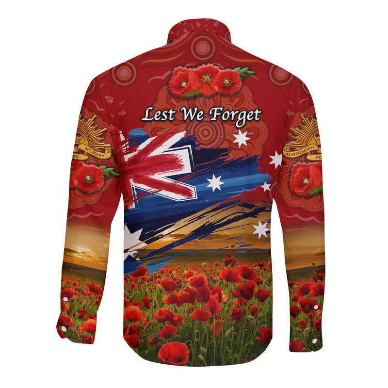 Australia Aboriginal ANZAC Hawaii Long Sleeve Button Shirt Poppy Vibes - Red - Vibe Hoodie Shop