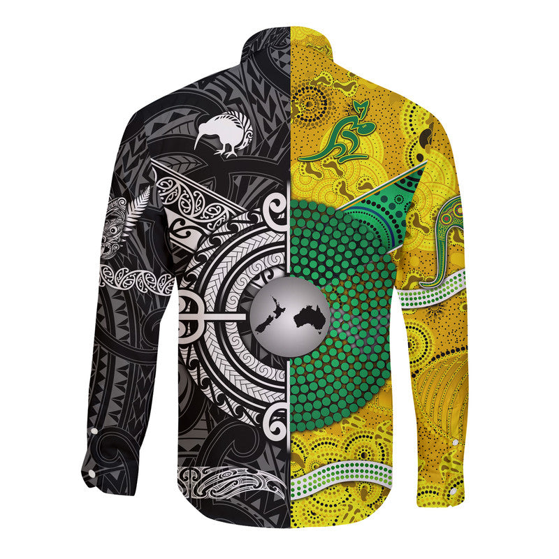 New Zealand Maori All Black And Australia Wallabies Aboriginal Hawaii Long Sleeve Button Shirt Rugby Together - Vibe Hoodie Shop