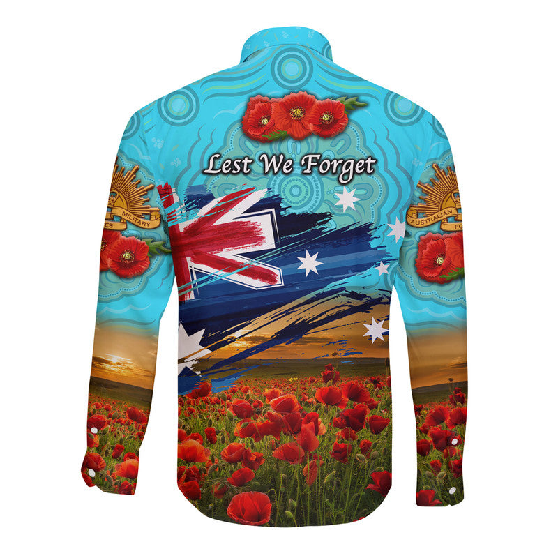 Australia Aboriginal ANZAC Hawaii Long Sleeve Button Shirt Poppy Vibes - Blue - Vibe Hoodie Shop