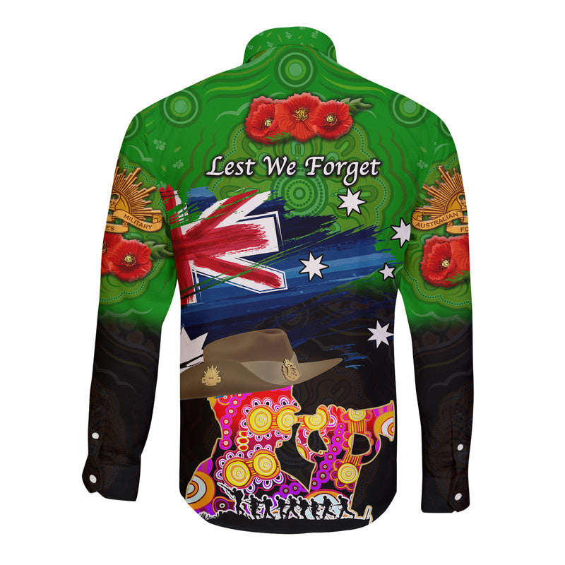 Australia Aboriginal ANZAC Hawaii Long Sleeve Button Shirt Remembrance Vibes - Green - Vibe Hoodie Shop