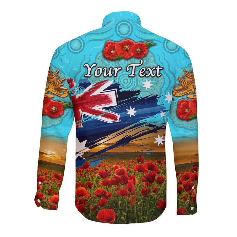 (Custom Personalised) Australia Aboriginal ANZAC Hawaii Long Sleeve Button Shirt Poppy Vibes - Blue - Vibe Hoodie Shop