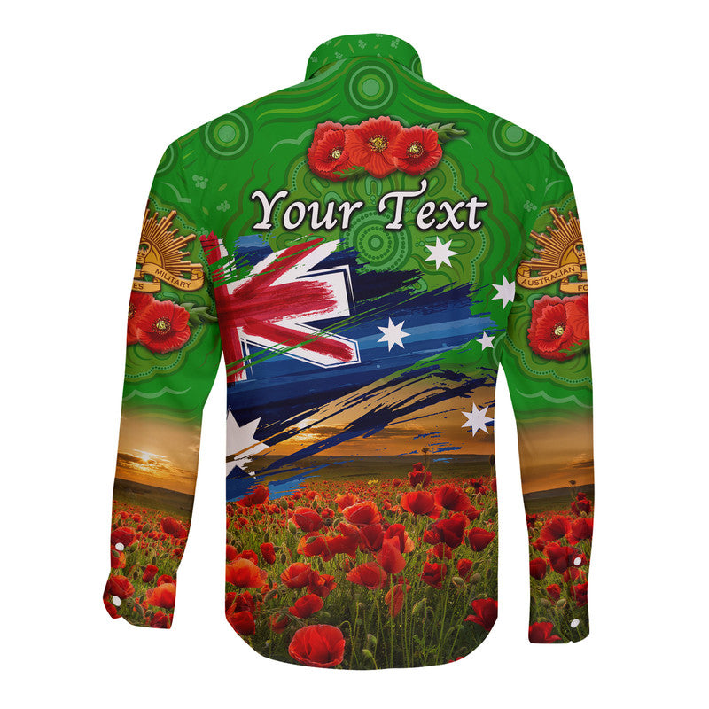 (Custom Personalised) Australia Aboriginal ANZAC Hawaii Long Sleeve Button Shirt Poppy Vibes - Green - Vibe Hoodie Shop