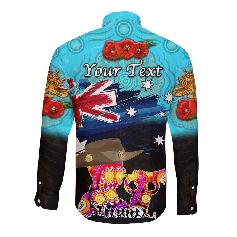 (Custom Personalised) Australia Aboriginal ANZAC Hawaii Long Sleeve Button Shirt Remembrance Vibes - Blue - Vibe Hoodie Shop