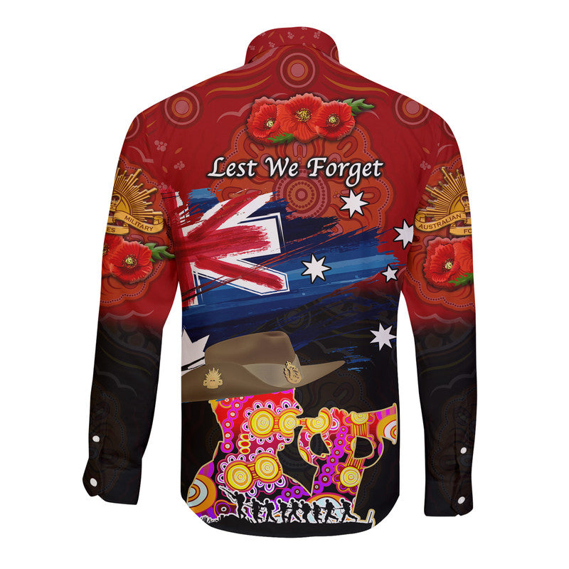 Australia Aboriginal ANZAC Hawaii Long Sleeve Button Shirt Remembrance Vibes - Red - Vibe Hoodie Shop