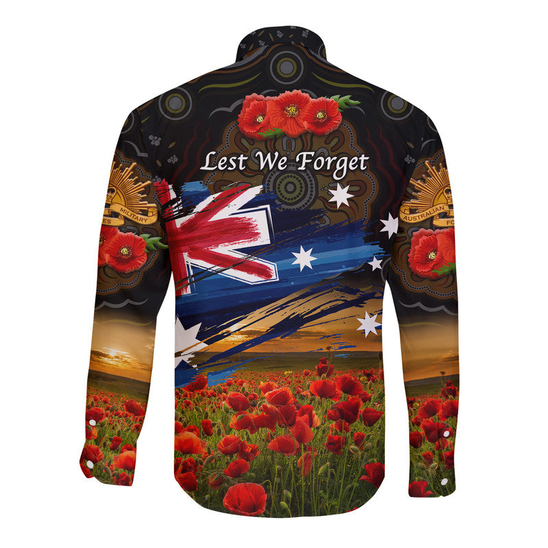 Australia Aboriginal ANZAC Hawaii Long Sleeve Button Shirt Poppy Vibes - Black - Vibe Hoodie Shop