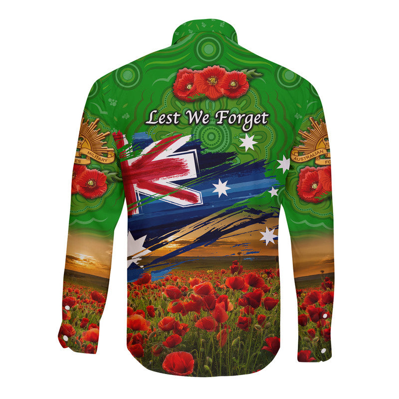 Australia Aboriginal ANZAC Hawaii Long Sleeve Button Shirt Poppy Vibes - Green - Vibe Hoodie Shop