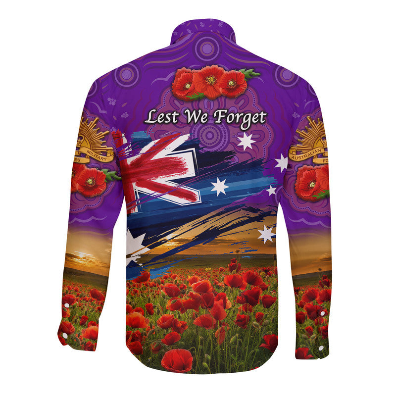 Australia Aboriginal ANZAC Hawaii Long Sleeve Button Shirt Poppy Vibes - Purple - Vibe Hoodie Shop