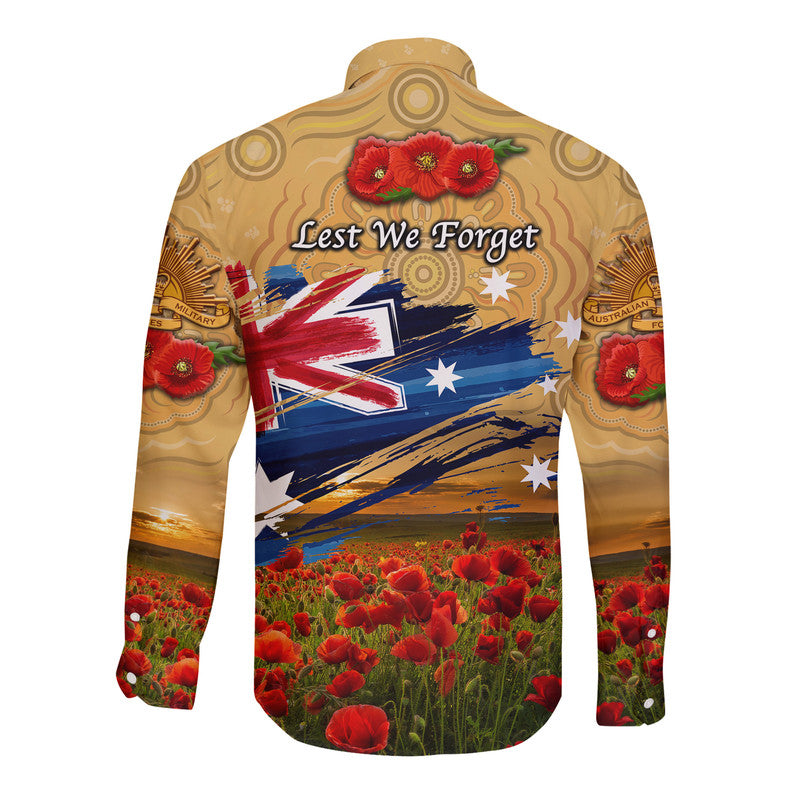 Australia Aboriginal ANZAC Hawaii Long Sleeve Button Shirt Poppy Vibes - Gold - Vibe Hoodie Shop