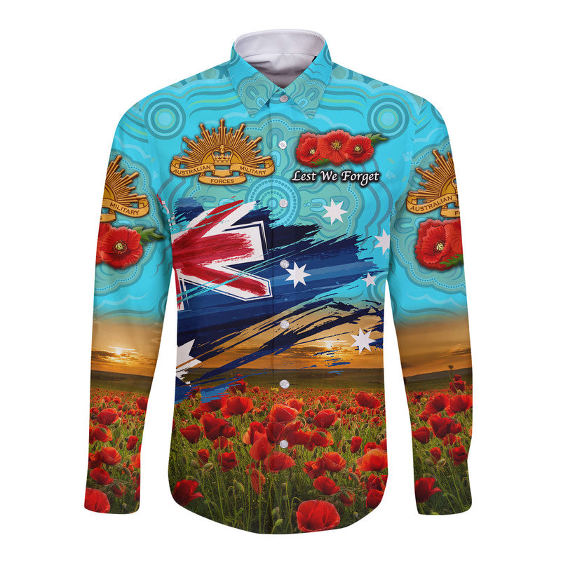 (Custom Personalised) Australia Aboriginal ANZAC Hawaii Long Sleeve Button Shirt Poppy Vibes - Blue - Vibe Hoodie Shop