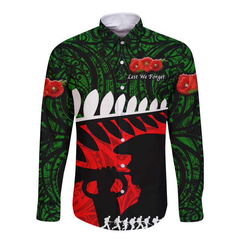 New Zealand Maori ANZAC Hawaii Long Sleeve Button Shirt Remembrance Soldier - Green - Vibe Hoodie Shop