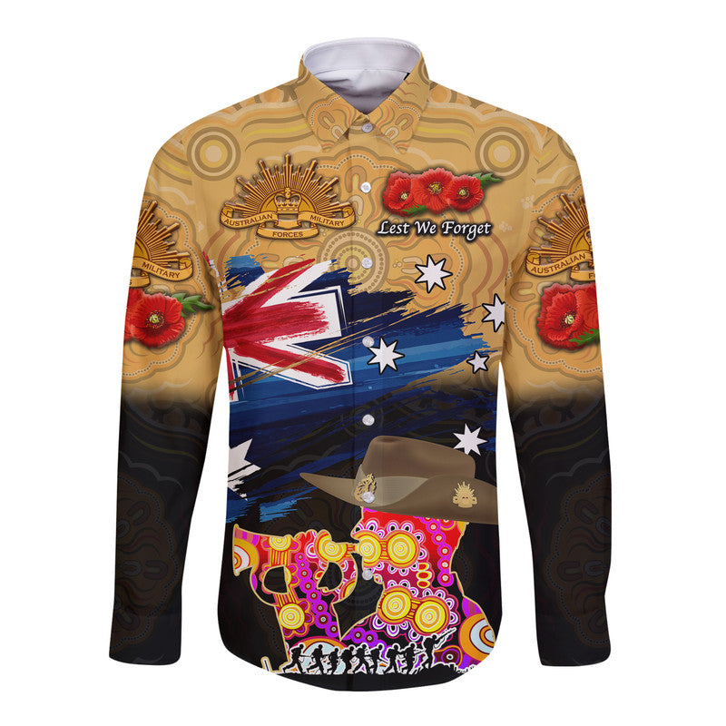 (Custom Personalised) Australia Aboriginal ANZAC Hawaii Long Sleeve Button Shirt Remembrance Vibes - Gold - Vibe Hoodie Shop