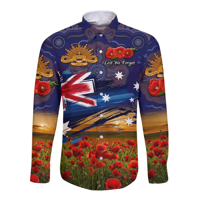 Australia Aboriginal ANZAC Hawaii Long Sleeve Button Shirt Poppy Vibes - Navy - Vibe Hoodie Shop